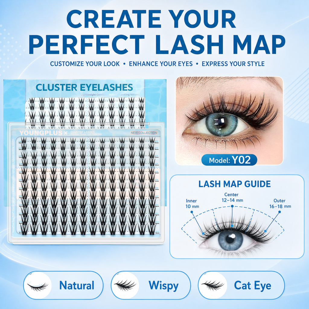 YOUNGPLUS Y02 Wispy Cluster Lashes – 10–18mm DIY Lash Extensions
