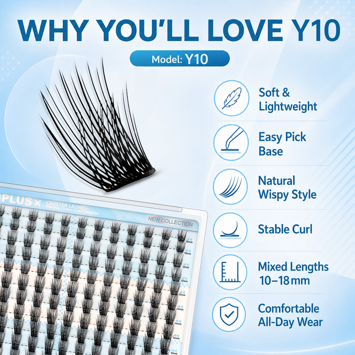 YOUNGPLUS Y10 Soft Volume Cluster Lashes – 10–18mm DIY Lash Extensions