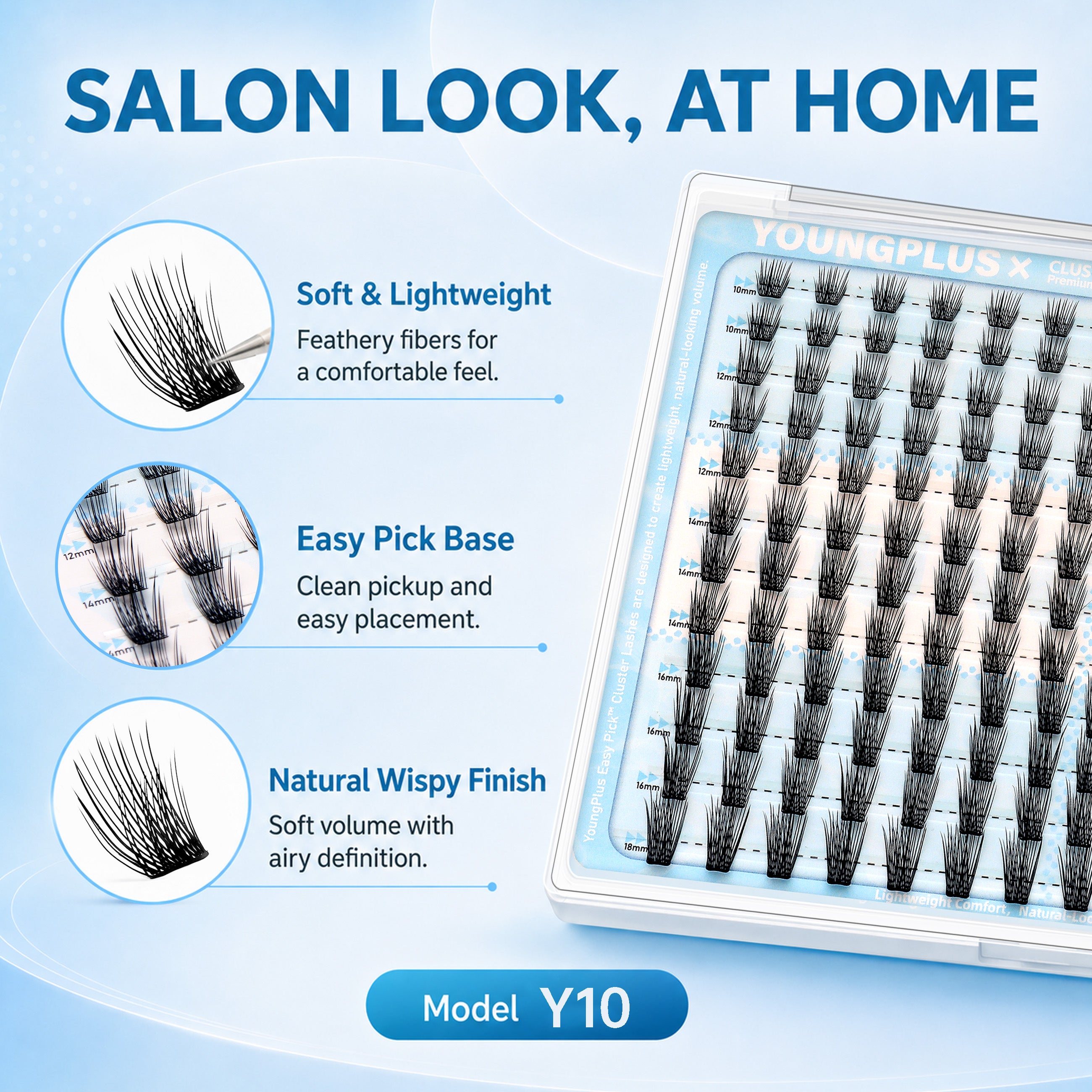 YOUNGPLUS Y10 Soft Volume Cluster Lashes – 10–18mm DIY Lash Extensions
