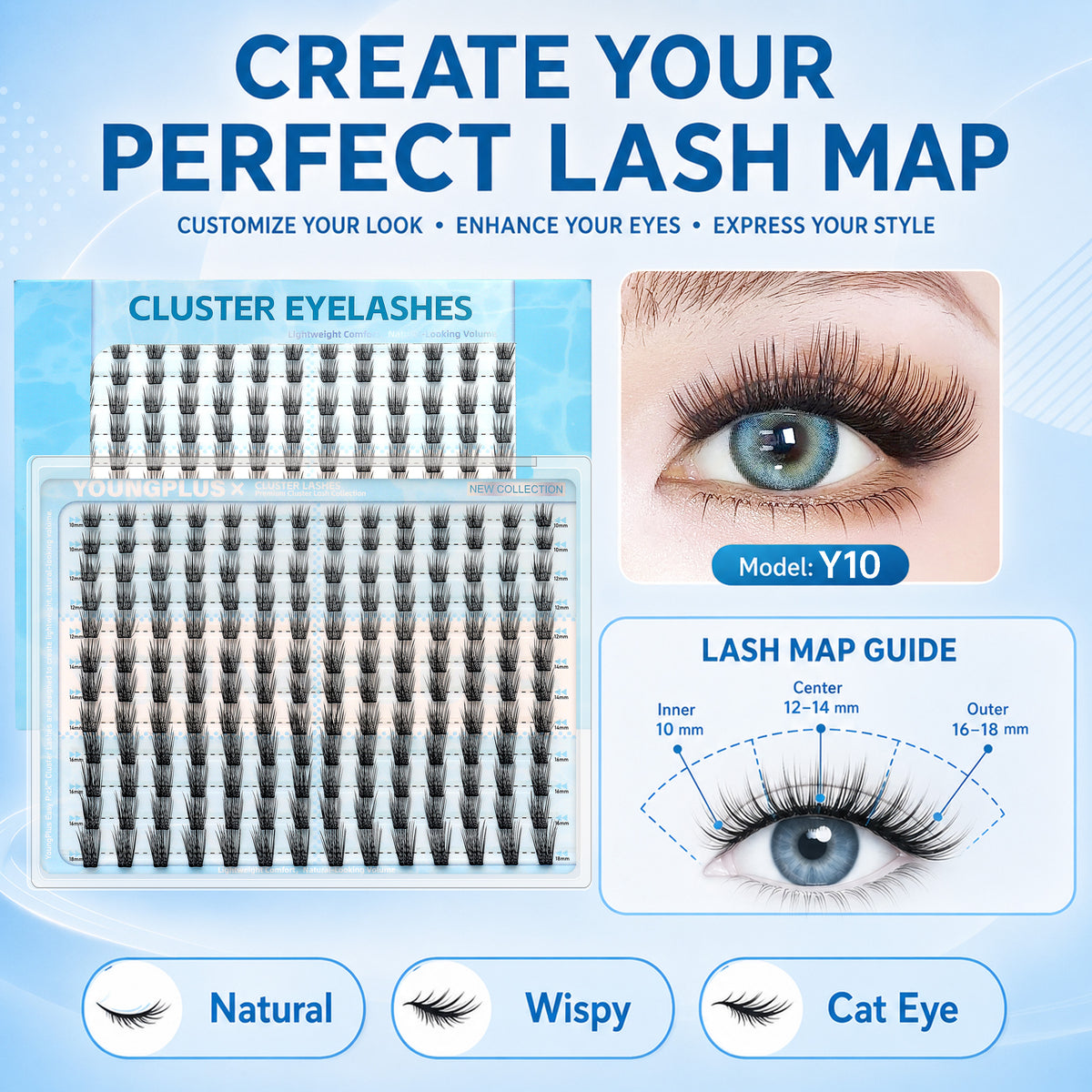 YOUNGPLUS Y10 Soft Volume Cluster Lashes – 10–18mm DIY Lash Extensions
